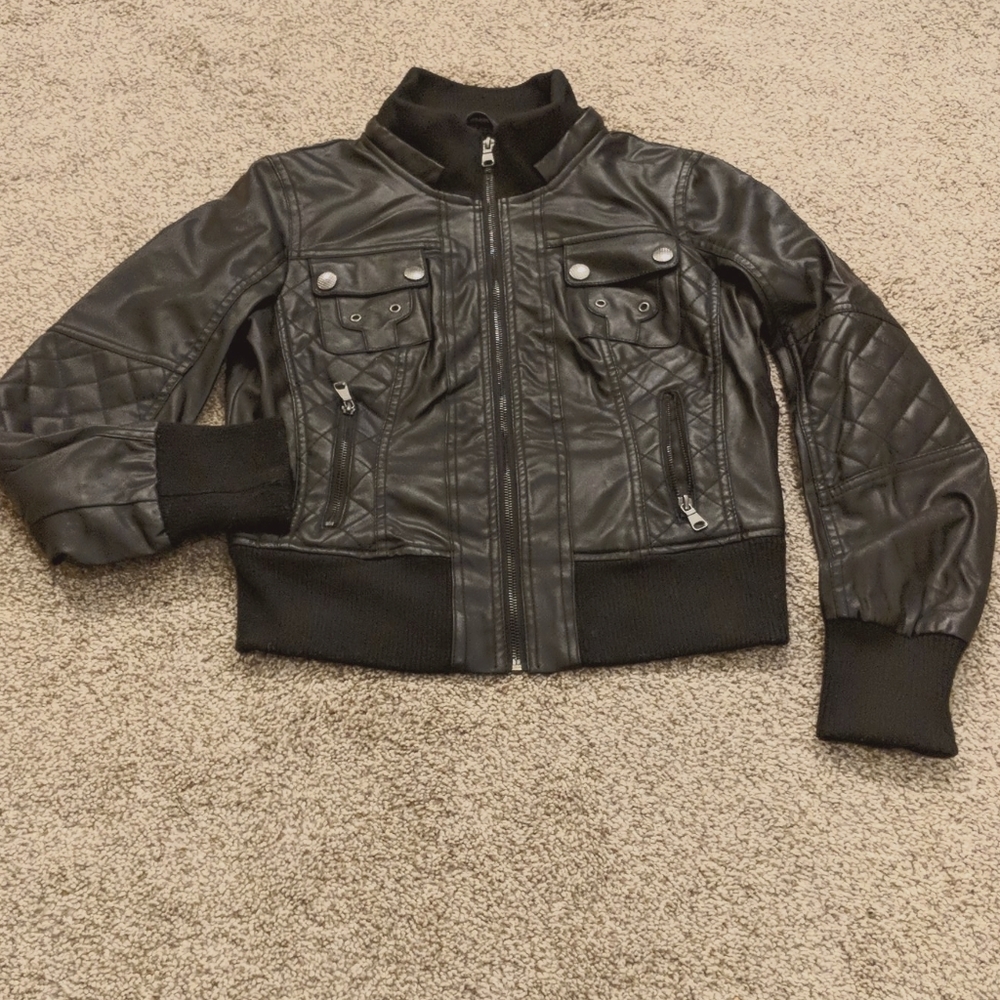 Black Faux Leather Bomber Jacket Juniors M